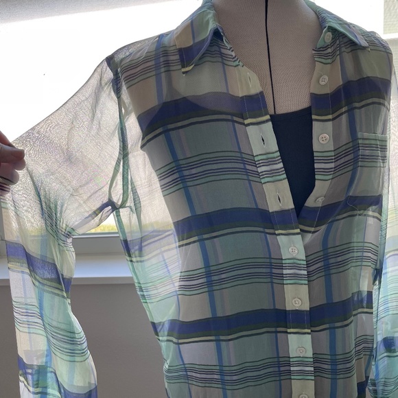 EQUIPMENT NWT WOMENS SP BUTTON-DOWN LONG SLEEVE SHEER TOP BLUE GREEN PLAID SILK - Picture 1 of 12